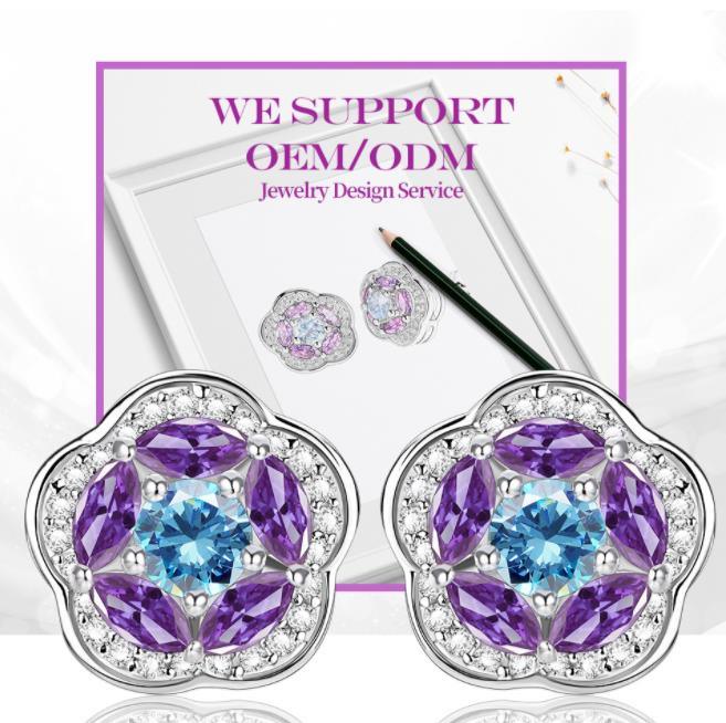 Purple Moissanite Flowers 925 Sterling Silver Plated Fashion Earrings