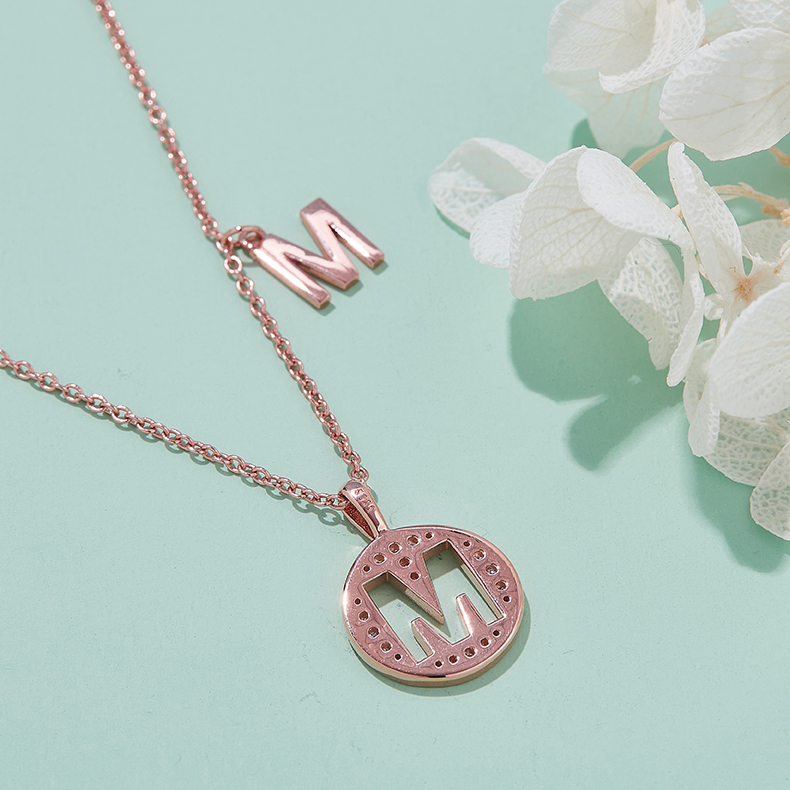 Alphabetic series M Lovely Rose Gold Necklace