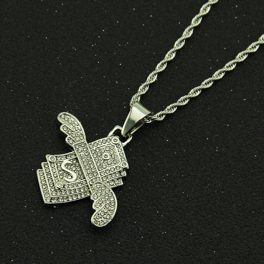 Hip Hop Angel Wings Dollar Necklace Inlaid Crystal Pendant