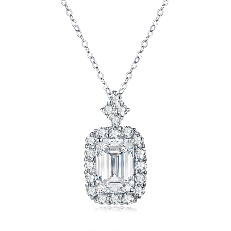 Emerald Cut VVS Morsonite 925 Sterling Silver Plated 14K Platinum Necklace