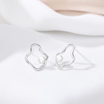 Irregular Wave 925 Sterling Silver Plated Women's Pearl Earrings