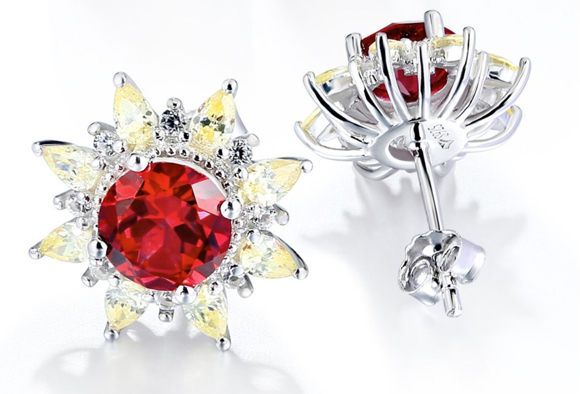 Ruby Sterling Silver Stud Earring for Women Fine Jewelry Ruby Yellow Zircon Romantic Style