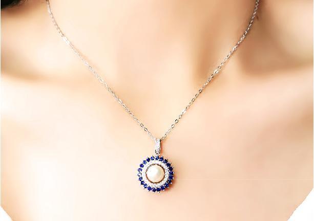 Natural Pearl Sterling Silver Women's Pendant Round Sapphire Classic Style