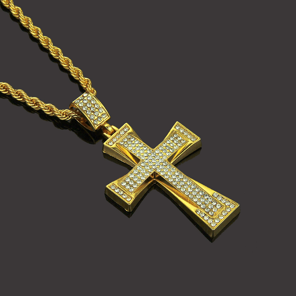 Mens Iced Out Cross CZ Inlay Pendant 14K-18K Gold Color Hip Hop Necklace