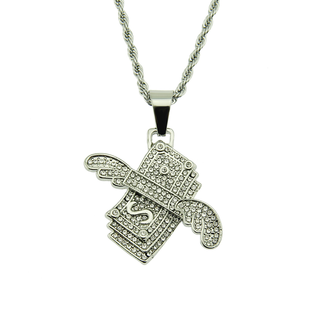 Hip Hop Angel Wings Dollar Necklace Inlaid Crystal Pendant