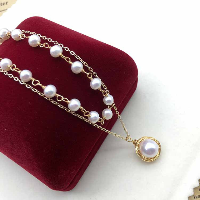 14k Gold Injection French Style Double-layer babysbreath Studded Natural Pearl Clavicle Chain Necklace