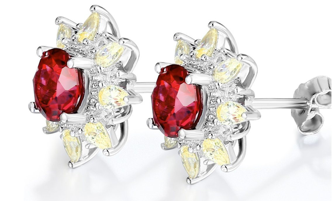 Ruby Sterling Silver Stud Earring for Women Fine Jewelry Ruby Yellow Zircon Romantic Style