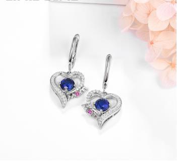 Sapphire Earrings 925 Sterling Silver Material Female Exquisite Sapphire Heart Shaped Earrings Gift Party