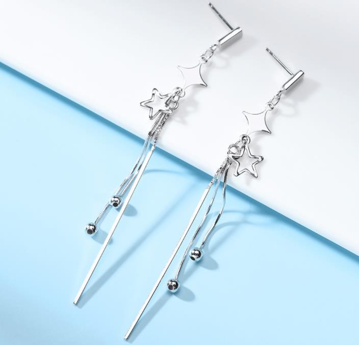 S925-Sterling-Silver-Jewelry-Small-Star-Tassel-Earrings-Plain-Silver-Long-Earrings1