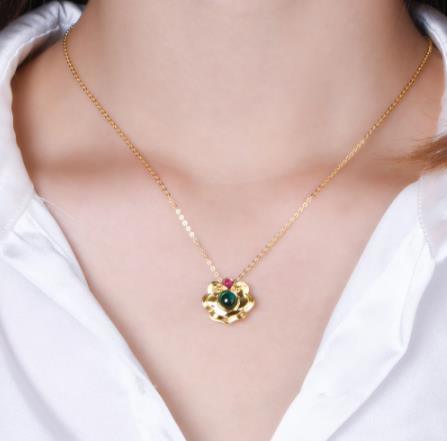 18K Gold Round Emerald Ruby Wedding Engagement Female Pendant Necklace Exquisite Jewelry