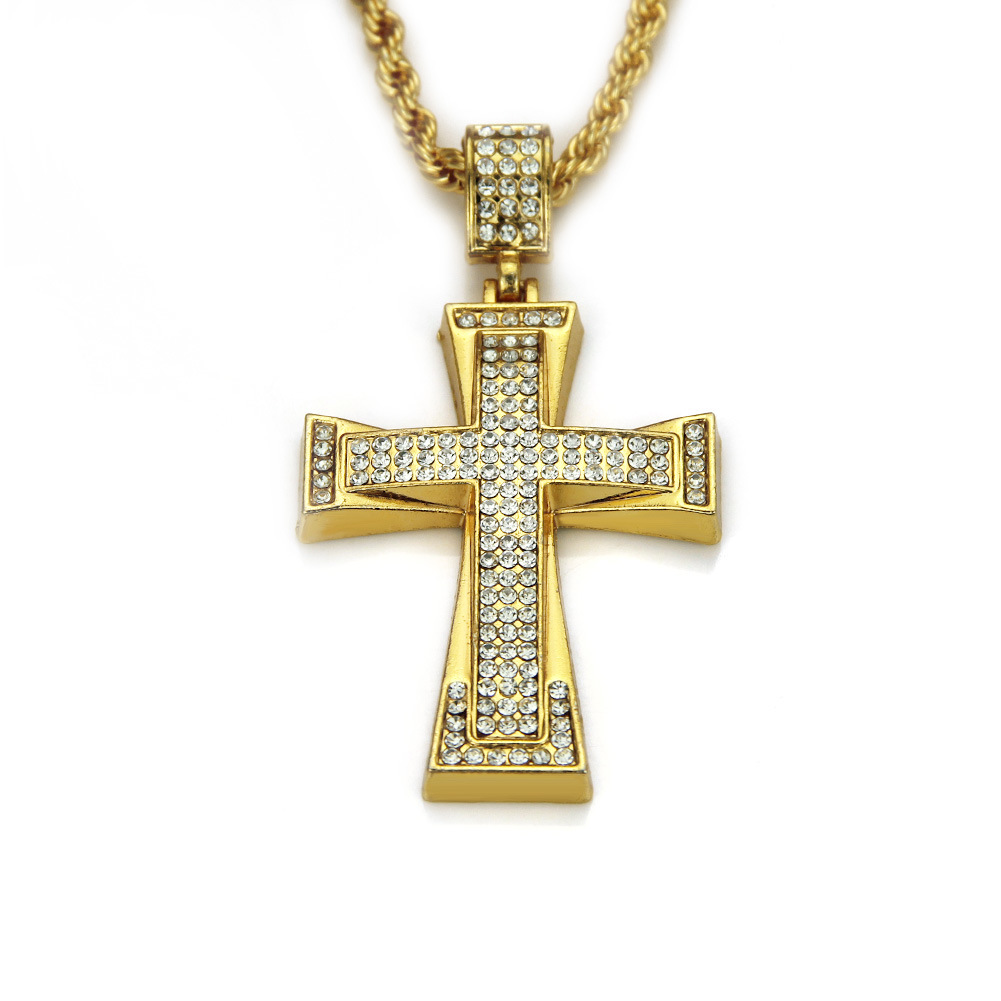 Mens Iced Out Cross CZ Inlay Pendant 14K-18K Gold Color Hip Hop Necklace