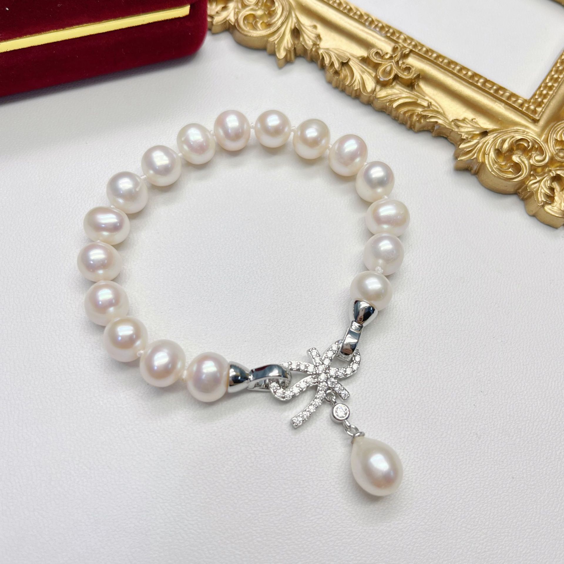 Fashion Matching Freshwater Pearl Bracelet Lady Diamond Bow Pearl Bracelet Pearl Jewelry Wholesale