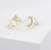 Star Moon 925 Sterling Silver Gold Plated Pop Earrings