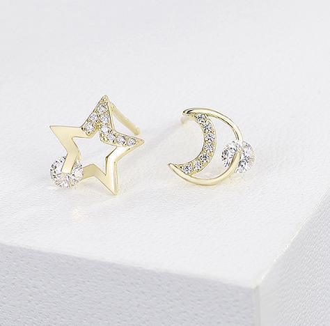 Star Moon 925 Sterling Silver Gold Plated Pop Earrings