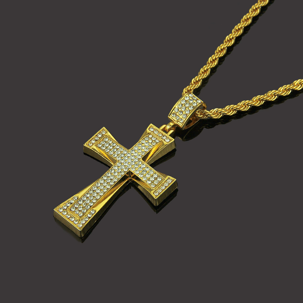 Mens Iced Out Cross CZ Inlay Pendant 14K-18K Gold Color Hip Hop Necklace