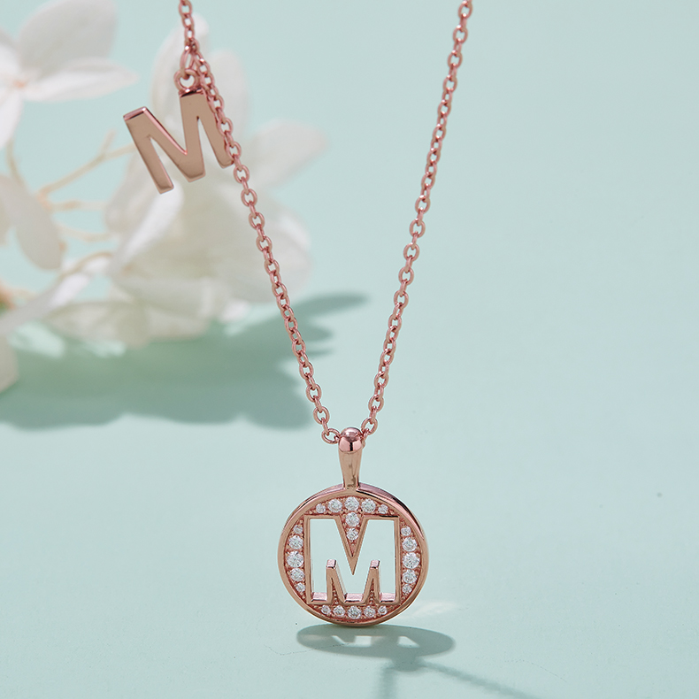 Alphabetic series M Lovely Rose Gold Necklace