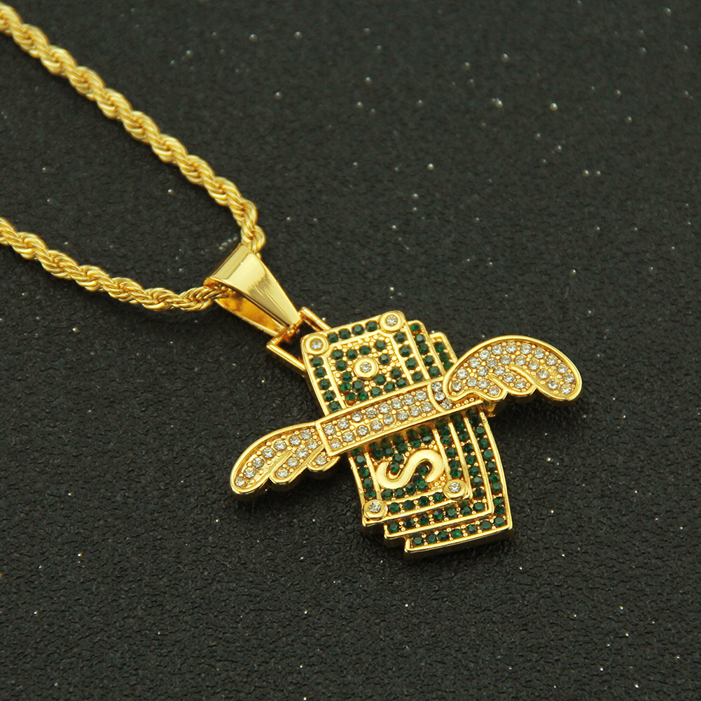 Hip Hop Angel Wings Dollar Necklace Inlaid Crystal Pendant