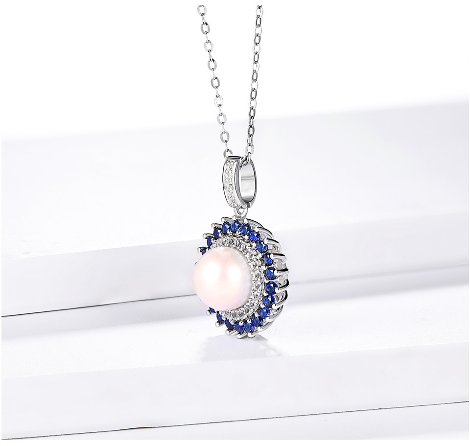 Natural Pearl Sterling Silver Women's Pendant Round Sapphire Classic Style