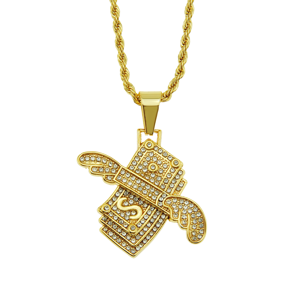 Hip Hop Angel Wings Dollar Necklace Inlaid Crystal Pendant