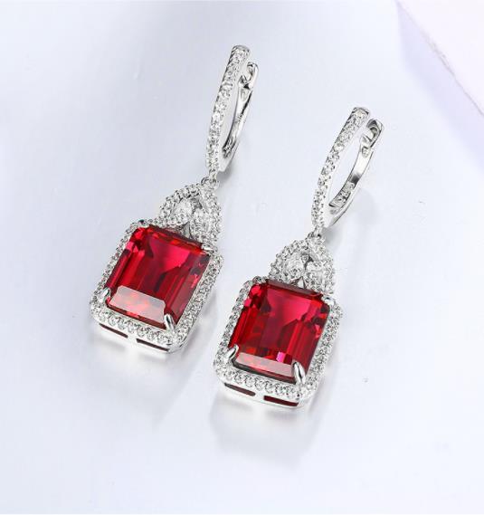 Red Ruby Real Sterling Silver Earring Women Charming Style Created Ruby Octagon Cut Wedding Jewelry Gifts