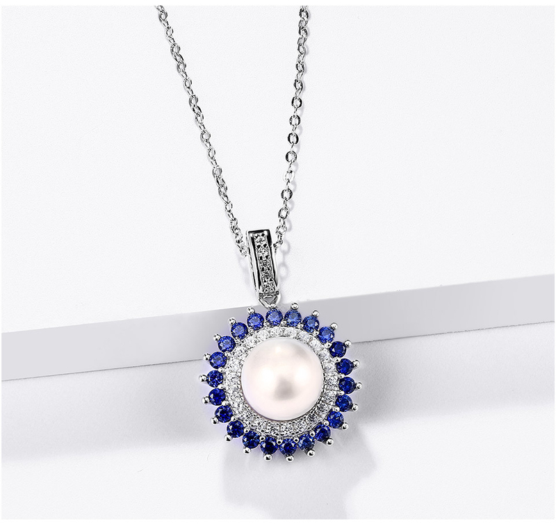 Natural Pearl Sterling Silver Women's Pendant Round Sapphire Classic Style