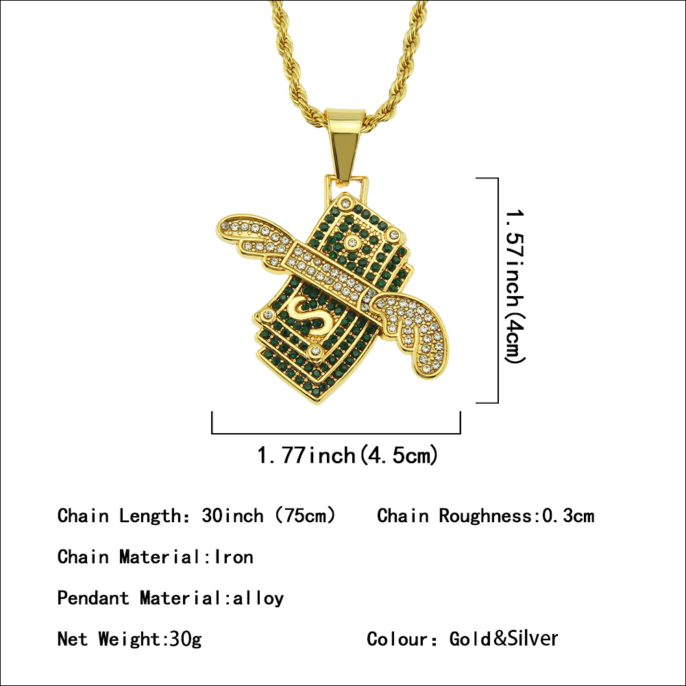 Hip Hop Angel Wings Dollar Necklace Inlaid Crystal Pendant