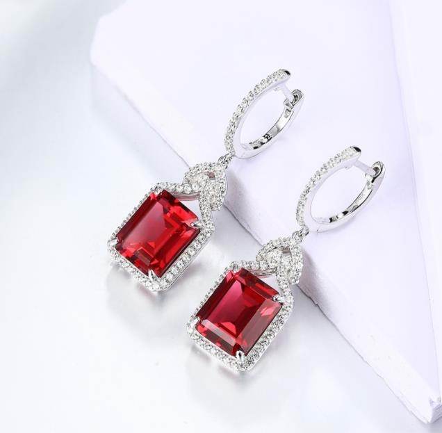 Red Ruby Real Sterling Silver Earring Women Charming Style Created Ruby Octagon Cut Wedding Jewelry Gifts