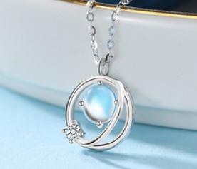 Fashionable New Korean Cosmic Moonstone 925 Silver Necklace Small Fresh Dream Planet