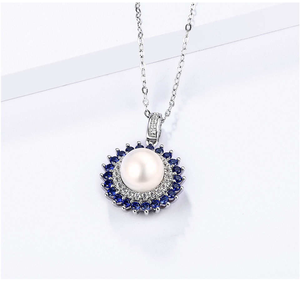 Natural Pearl Sterling Silver Women's Pendant Round Sapphire Classic Style